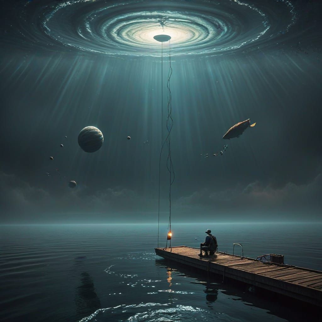 Fisherman in Whimsical Gas Giant Scene