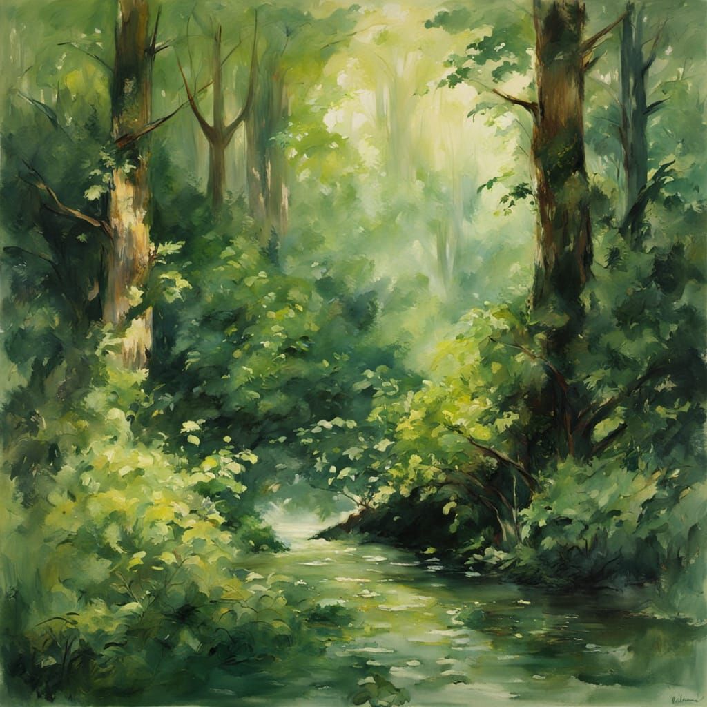 Lush Forest Encounter in Gouache Style