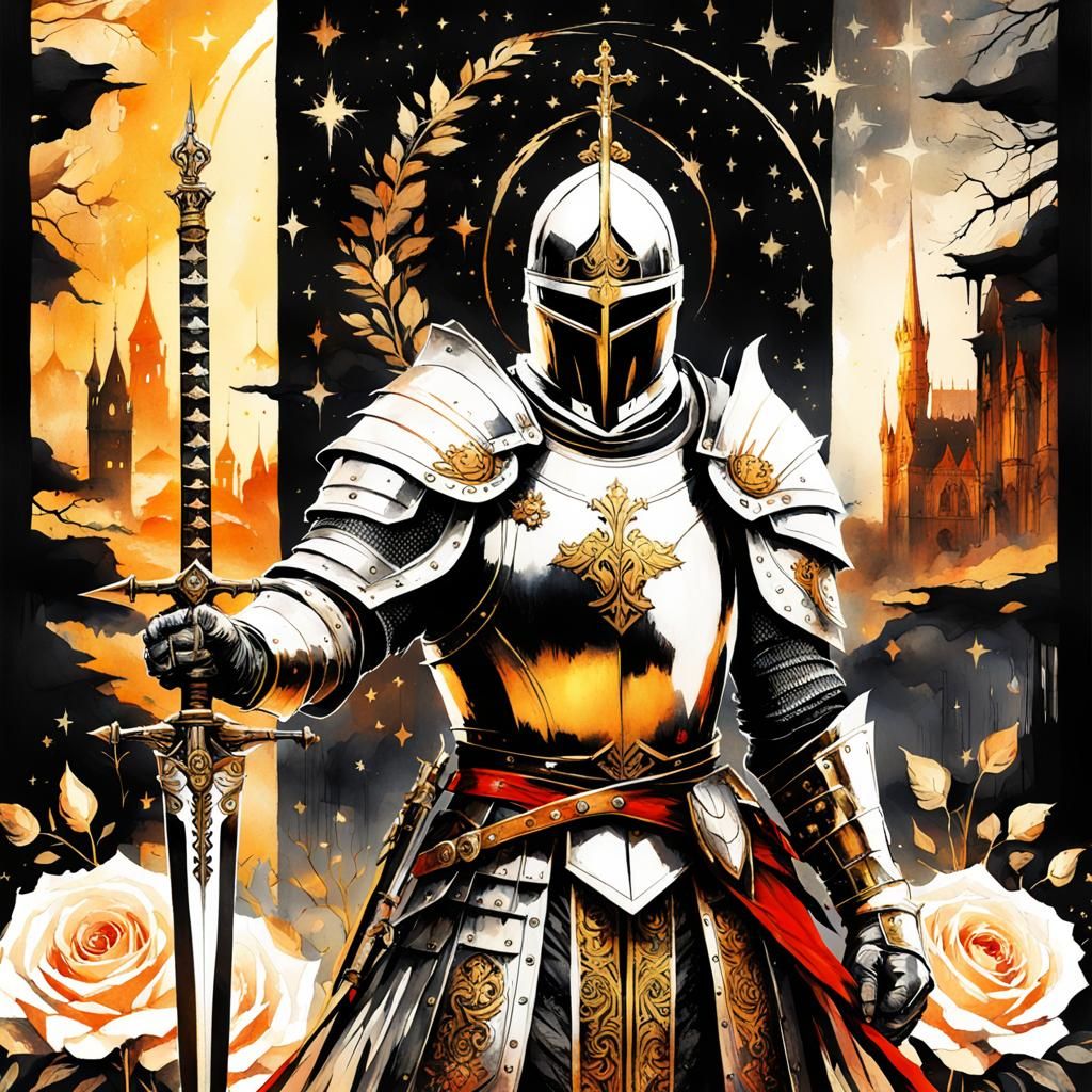 Gothic Knight King with Enchanted Sword Watercolor