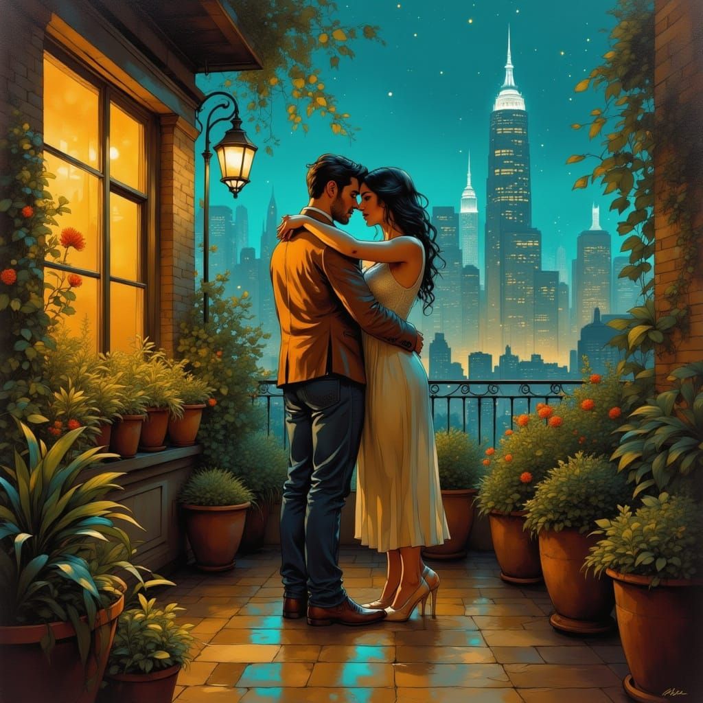 Rooftop Garden Embrace as Figurative Oil Painting
