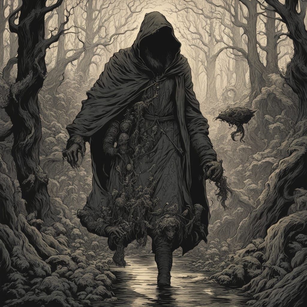 Mysterious Figure in Dark Forest, Inspired by Fables and Dar...