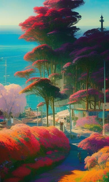 Coastal Port Oil Painting in Post-Impressionist Style