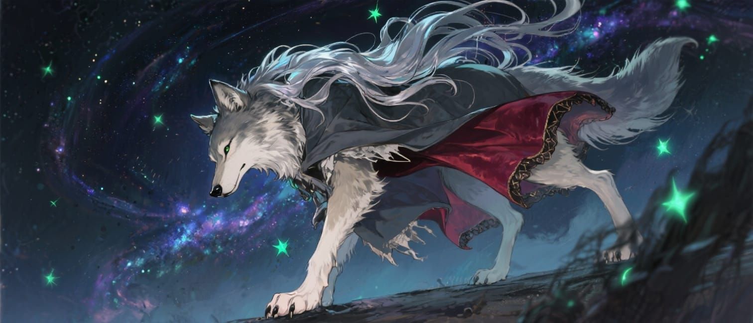 Anthropomorphic Wolf Witch in Ephemeral Oil Textures