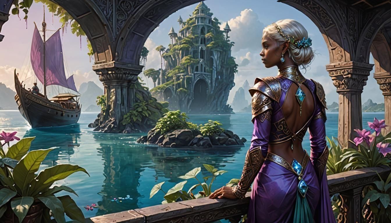 Elven Priestess Gazing Over Tropical Seas