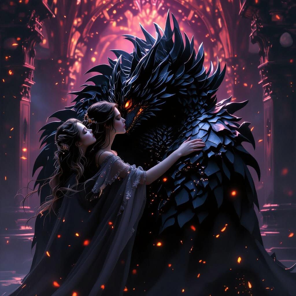 Ethereal Girl Kisses Majestic Dragon in Dark Fantasy Art