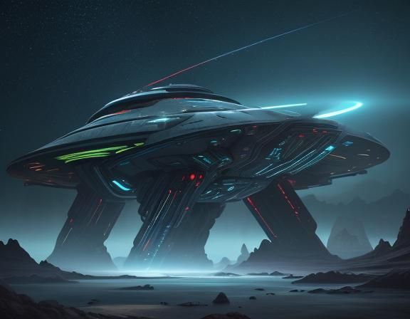 Intergalactic Spaceship over Alien Planet in 3D