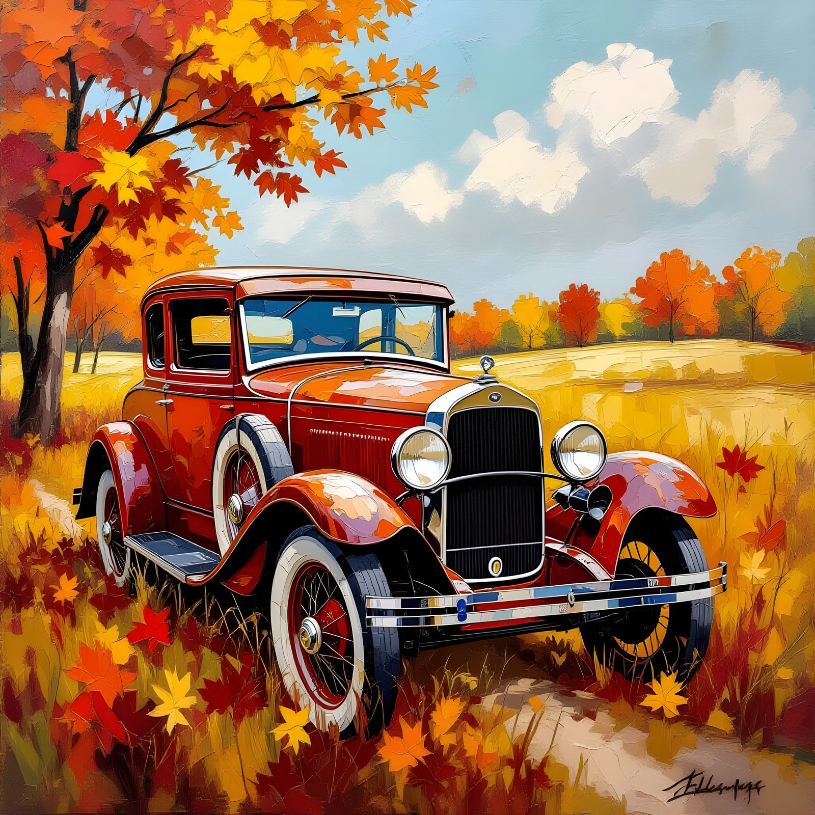 Rusty 1920s Car in Fall Meadow Impasto Painting