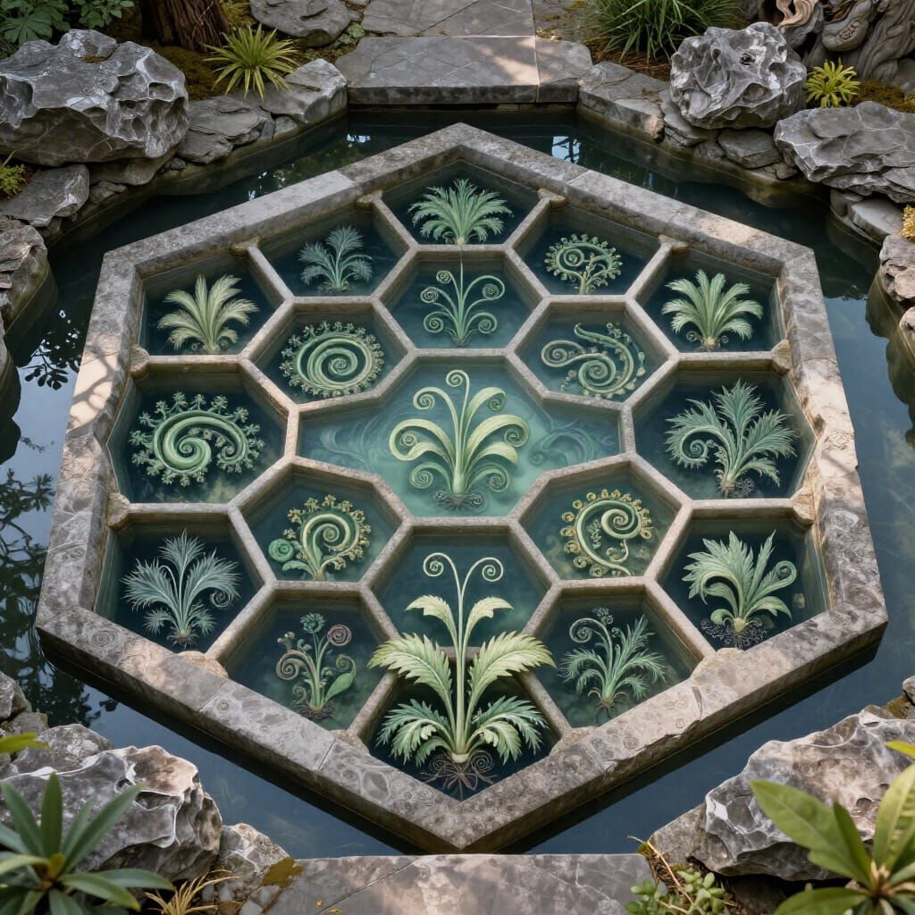 Hexagonal Pond with Fractal Vines in Japanese Garden
