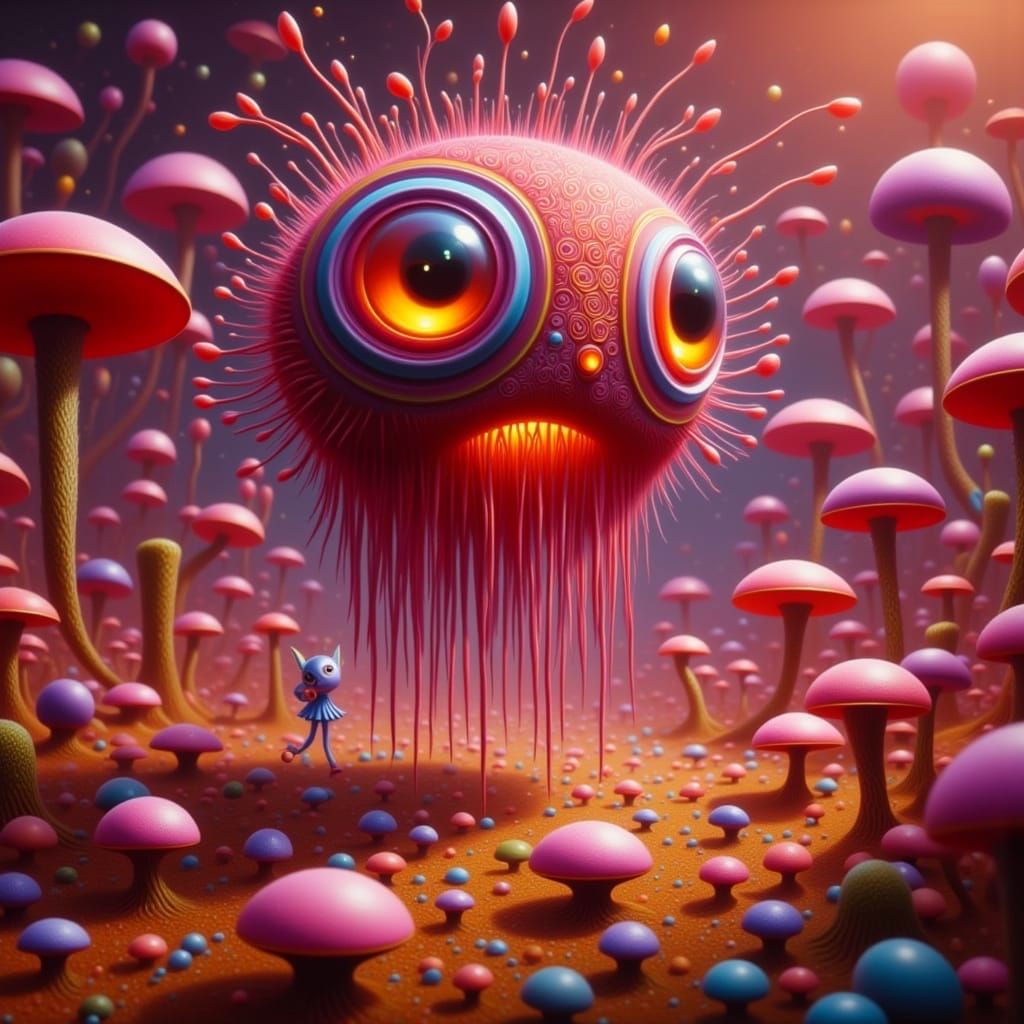 Whimsical Alien Glides Through Crimson Fog