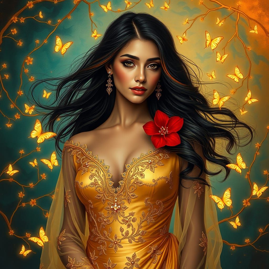 Mysterious Golden Beauty in Vibrant Dreamscape