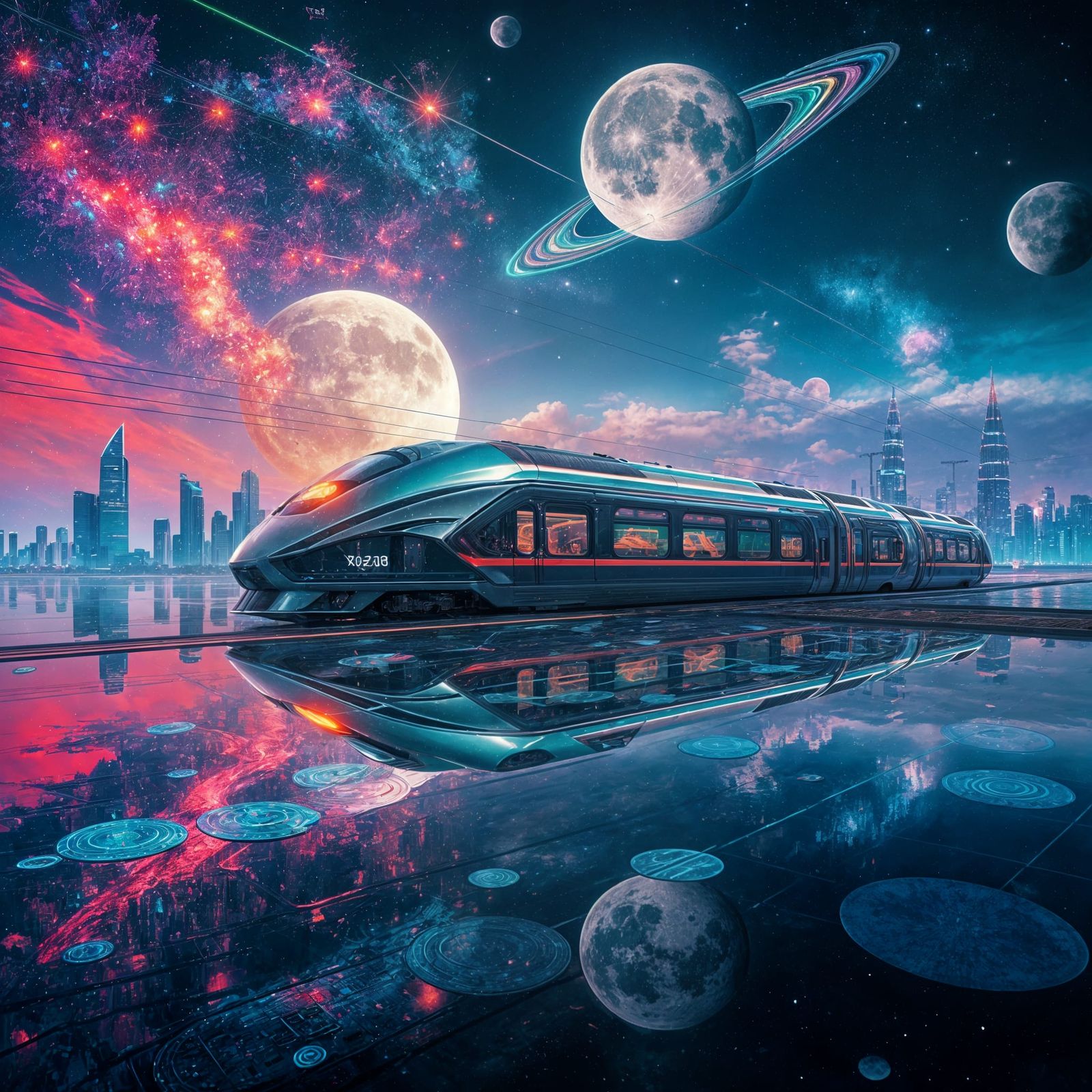Futuristic Chrome Train in a Neon Cityscape