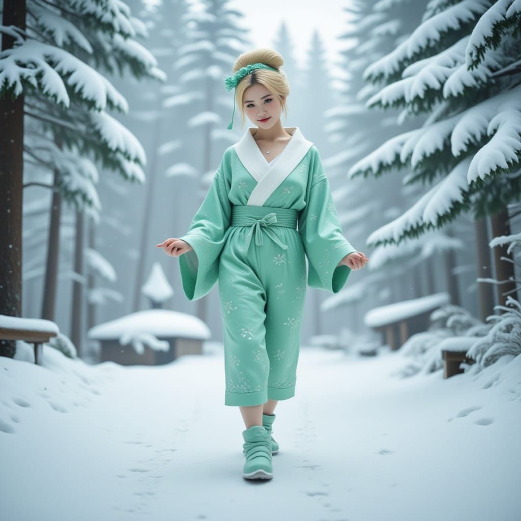 Woman in Green Romper Enjoys Snowy Winter Landscape
