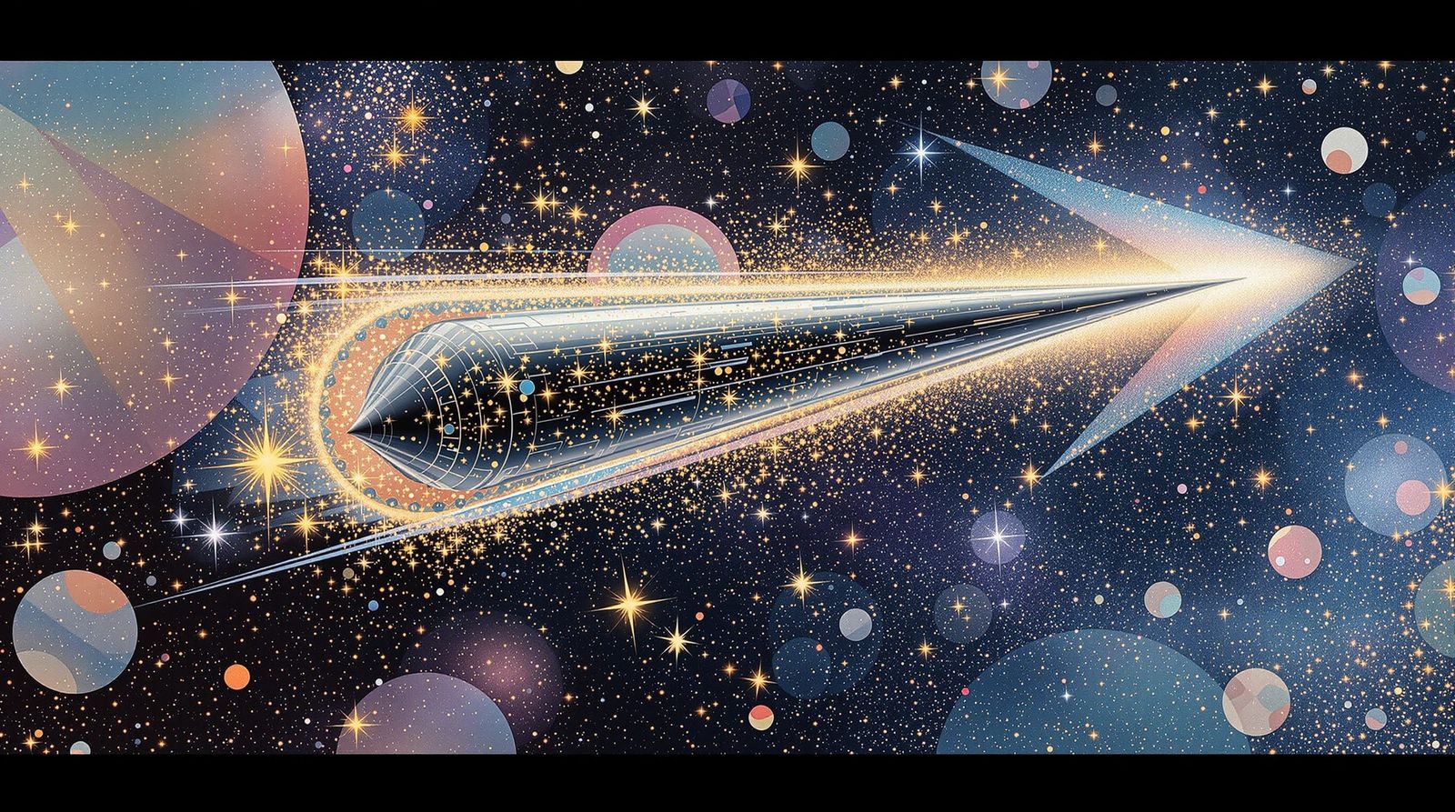 Interstellar Cylinder Soars Through Pastel Starfield in Klim...