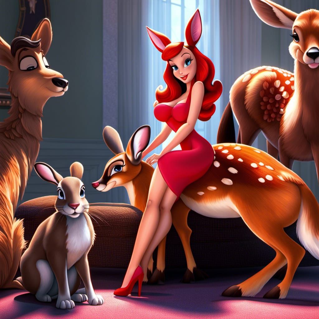 Jessica Rabbit Hugs Bambi: Photorealistic Detailed Rendering