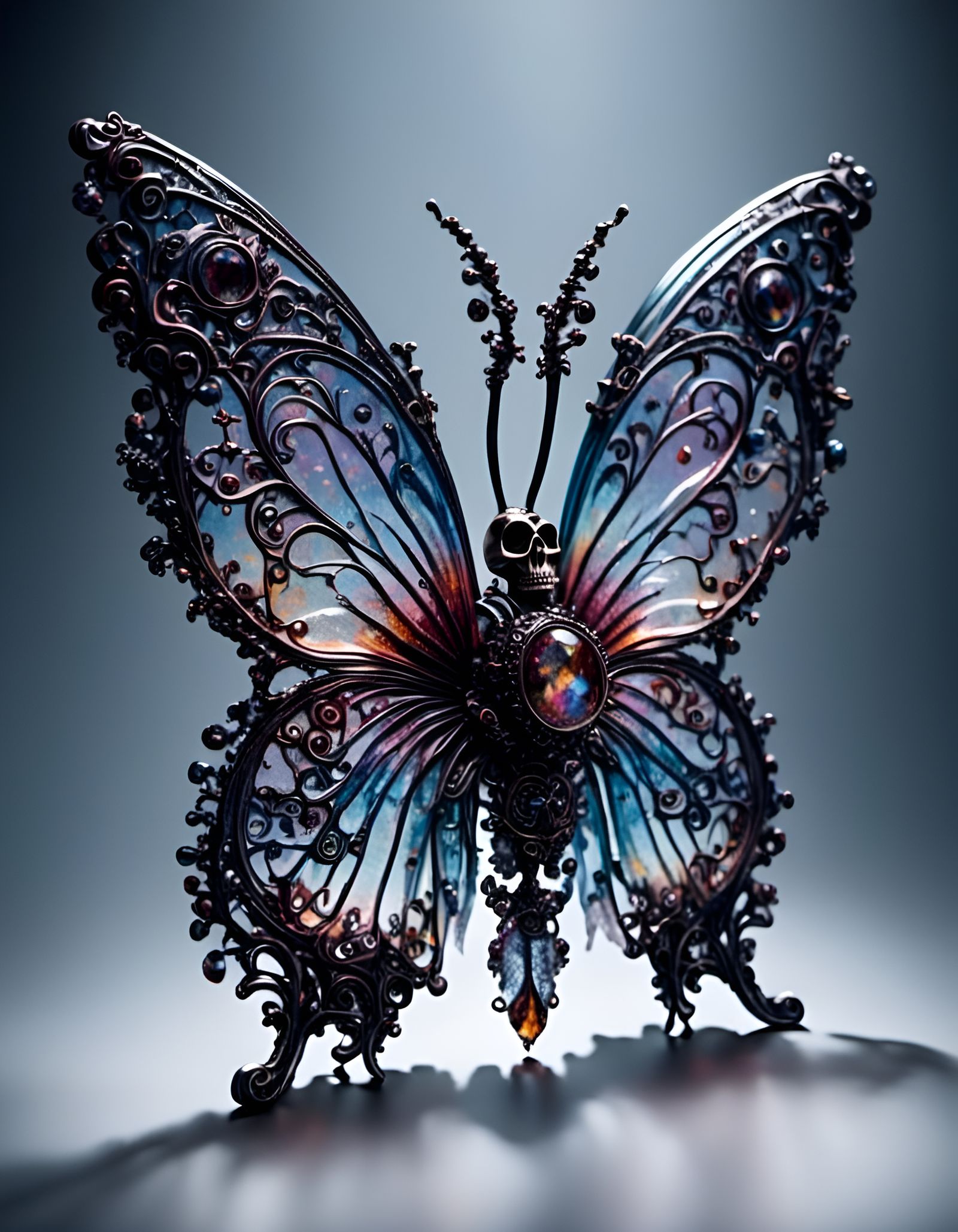 Cosmic Butterfly with Skulls in Glass Art Style