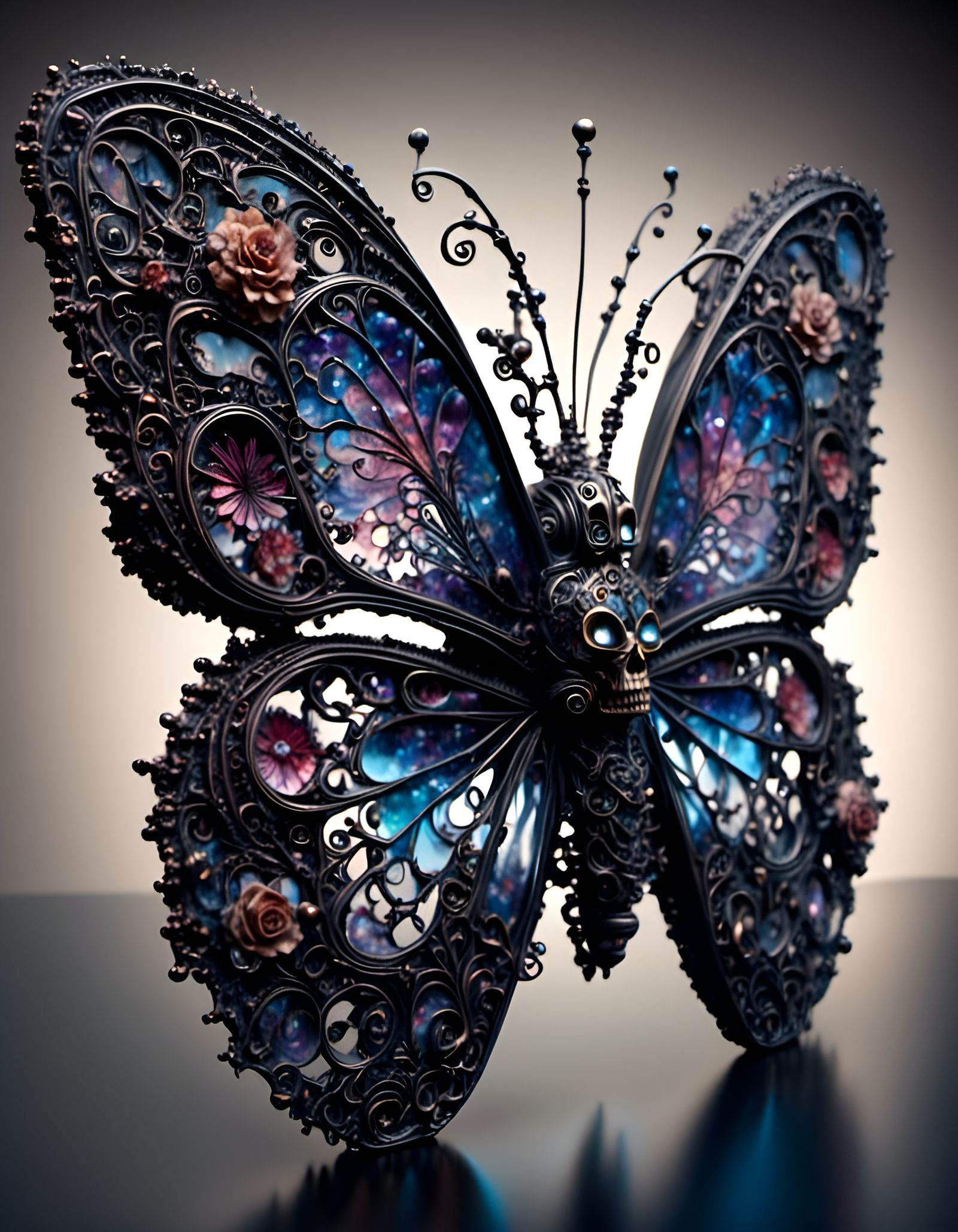 Cosmic Butterfly with Skulls in Glass Art Style