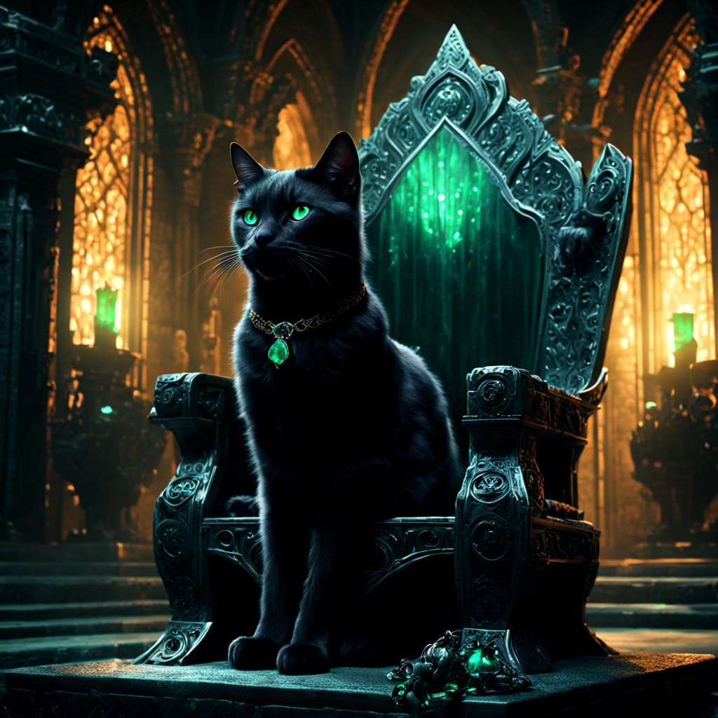 Obsidian Cat with Emerald Eyes on Sea Glass Throne
