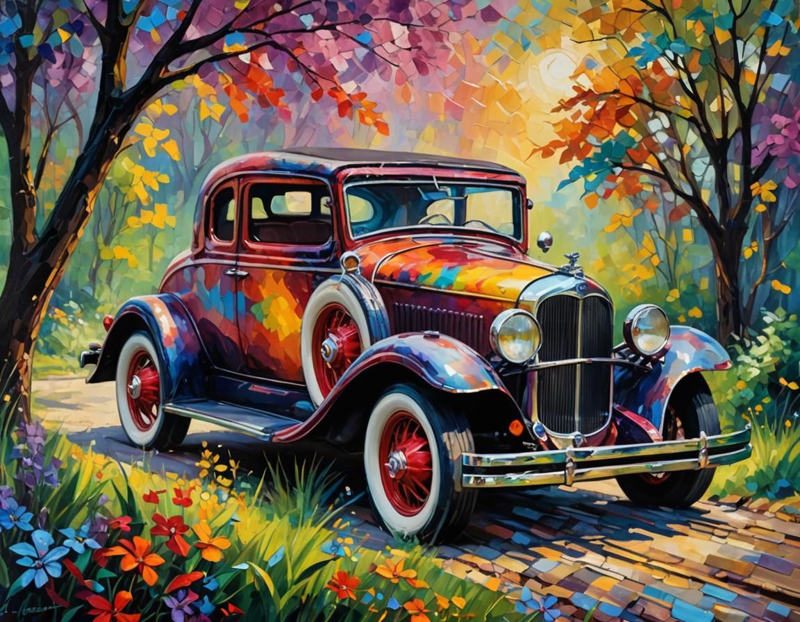 1930s Car in Impressionistic Acrylic Painting