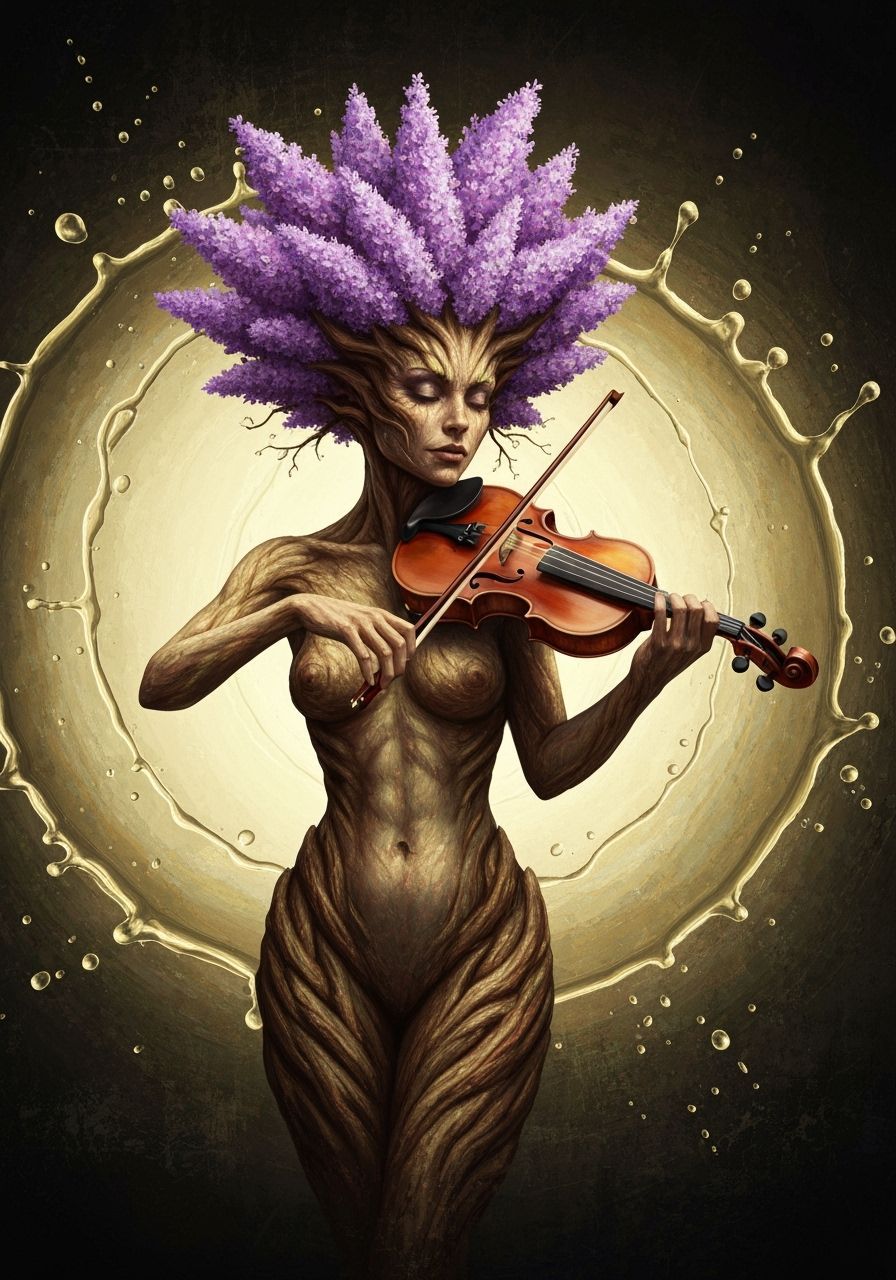 Dryad with Violin in Surreal Oil Painting Style