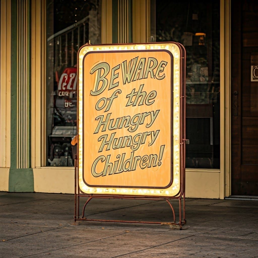 Vibrant Cafe Billboard Warns of Hungry Kids in Nostalgic Sty...