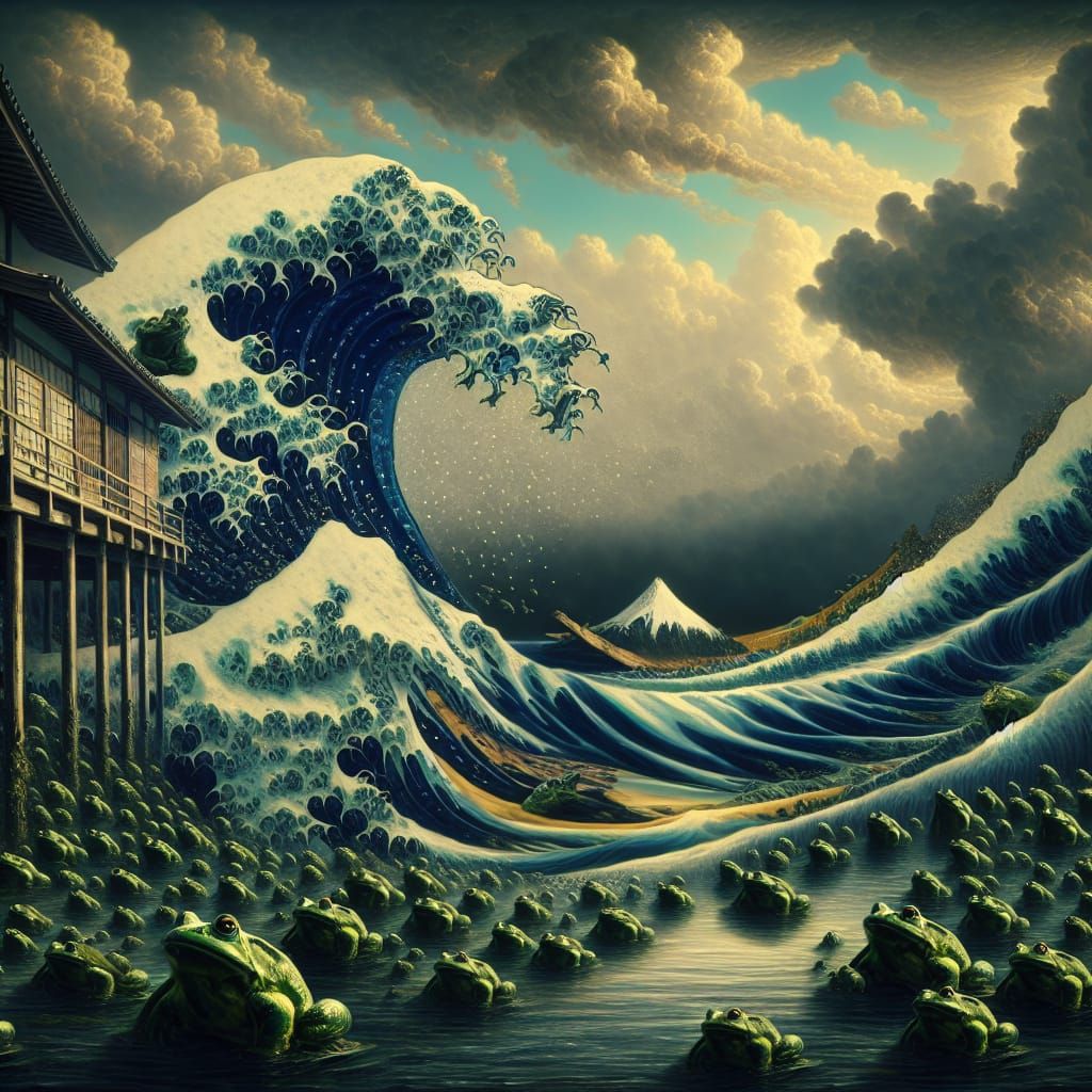 Surreal Frog Waves: A Dark Twist on Hokusai