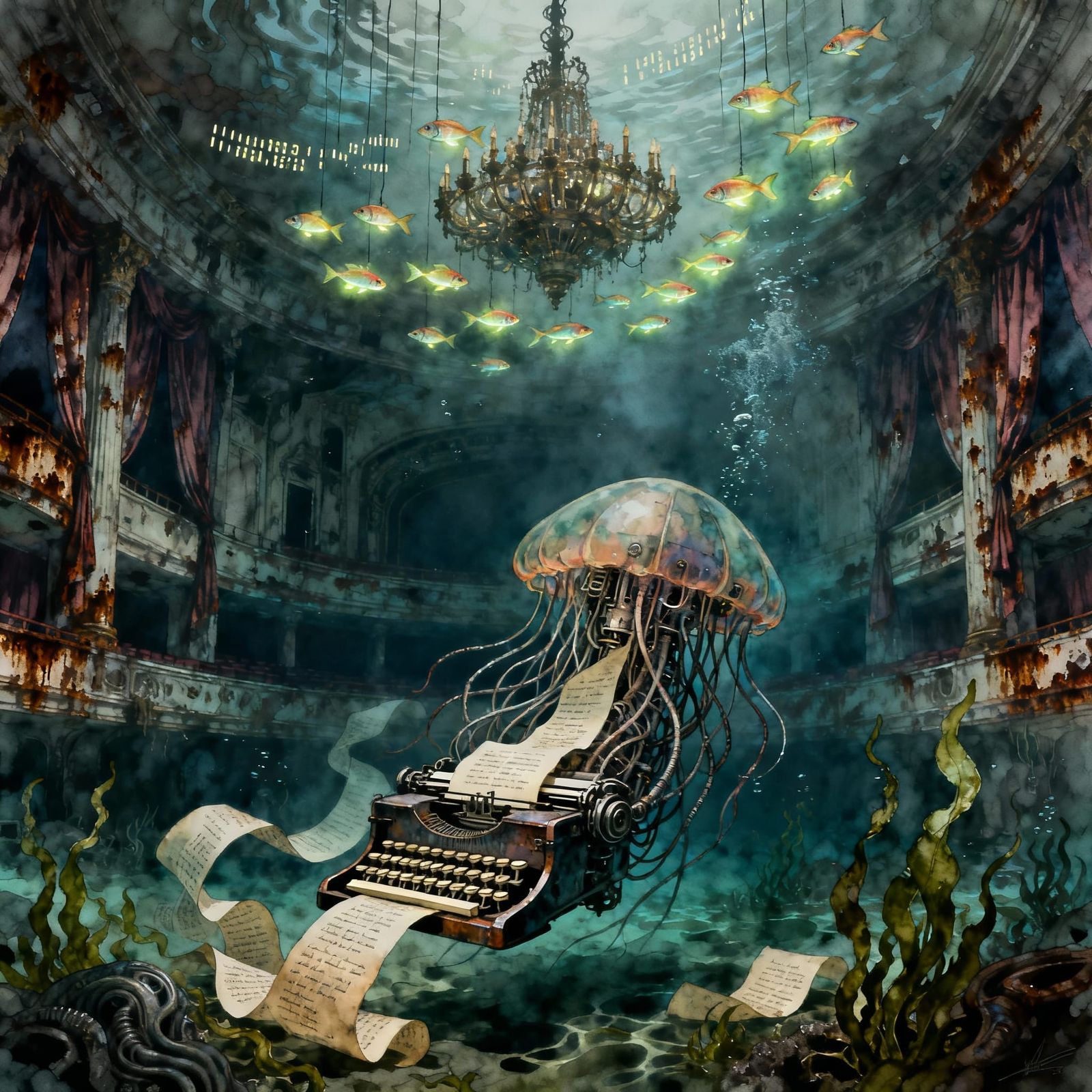 Mechanical Jellyfish in Submerged Opera House, Ink and Water...