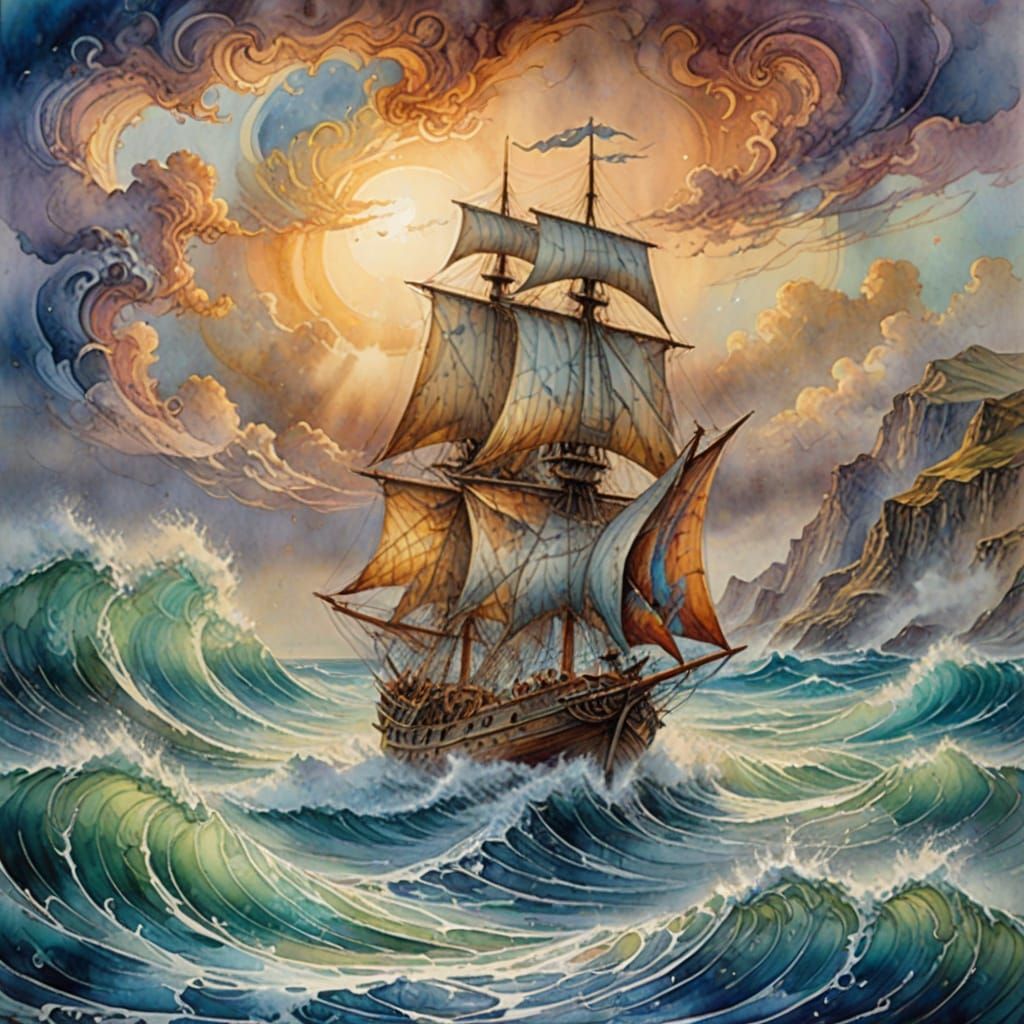 Stormy Seascape with Sailboat in Watercolour Style