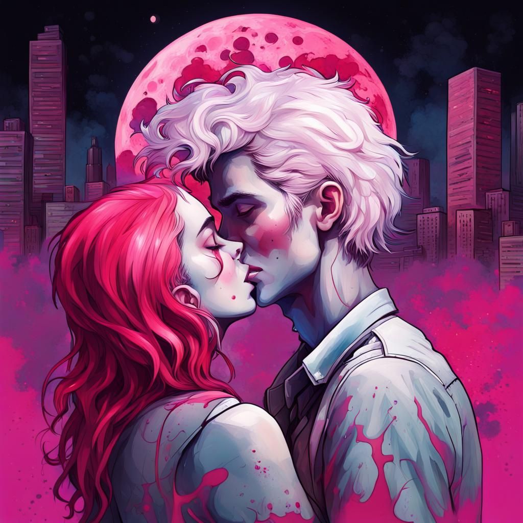 Romantic Kiss Under the Moon in Graffiti Art Style