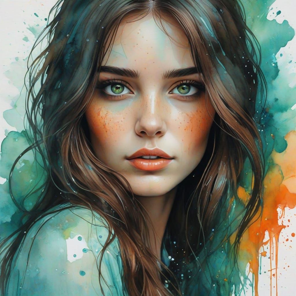 Gorgeous Woman with Brown Hair in Watercolor Style