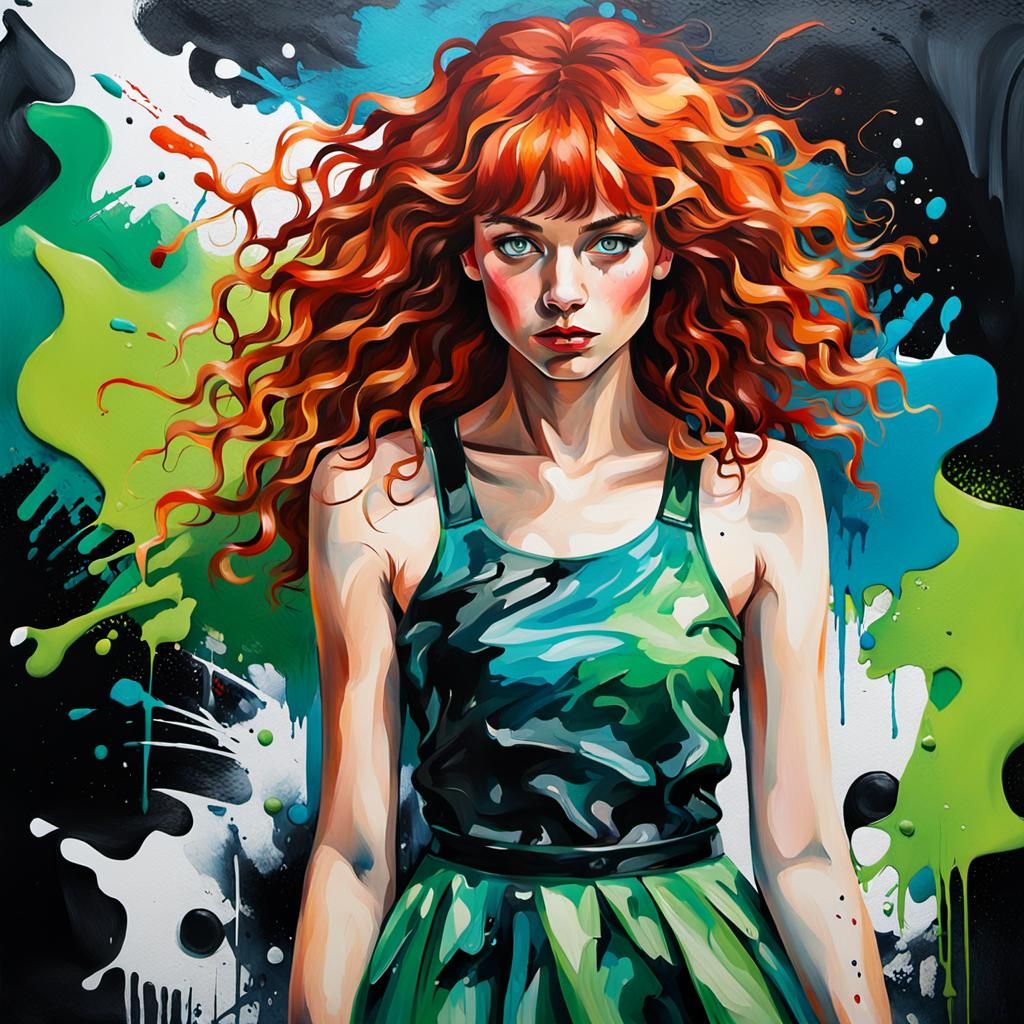Vibrant Street Art Portrait of a Redhead in Pop Art Style