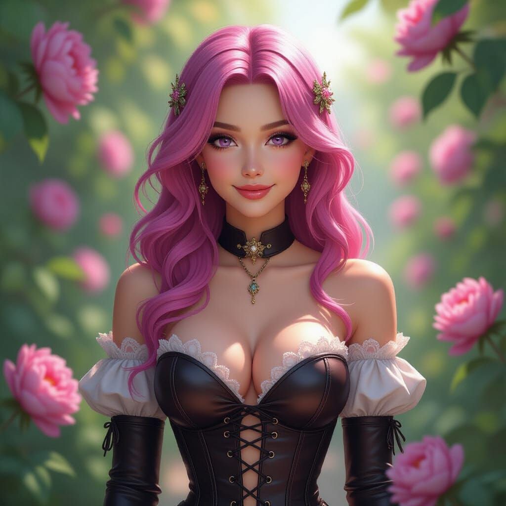 Pink Haired Woman in Lace Gown in Peony Garden