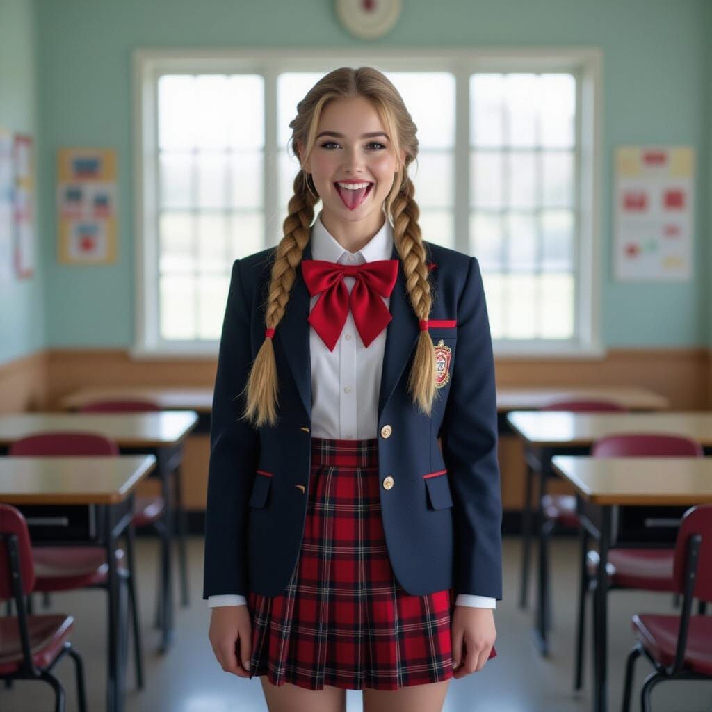 Schoolgirl Lena Blushing with Tongue Out in Classroom