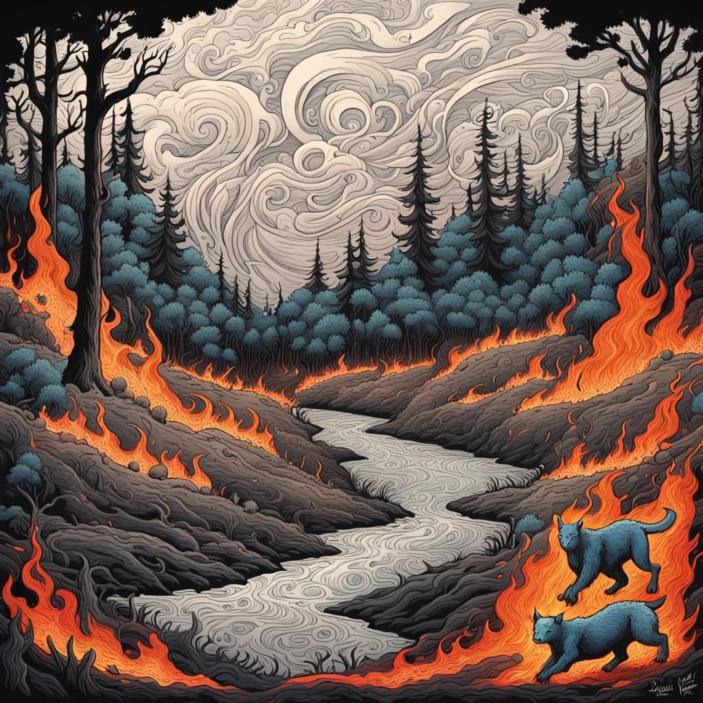 Whimsical Ink Wildfire Drawing with Surreal Elements