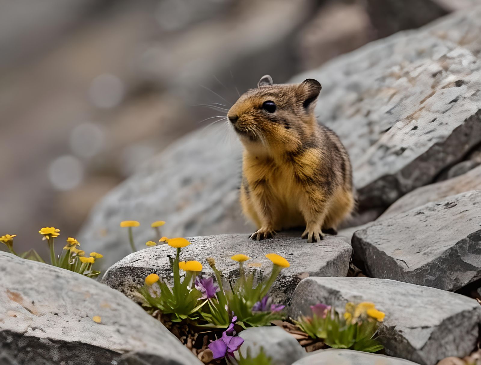 Pika with Wildflowers in Mountain Landscape