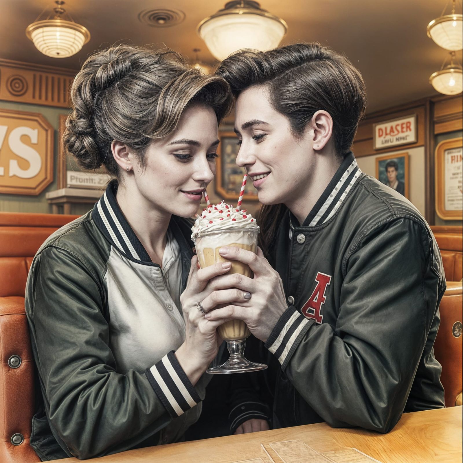 Couple in Diner Sharing Milkshake as Charcoal Drawing