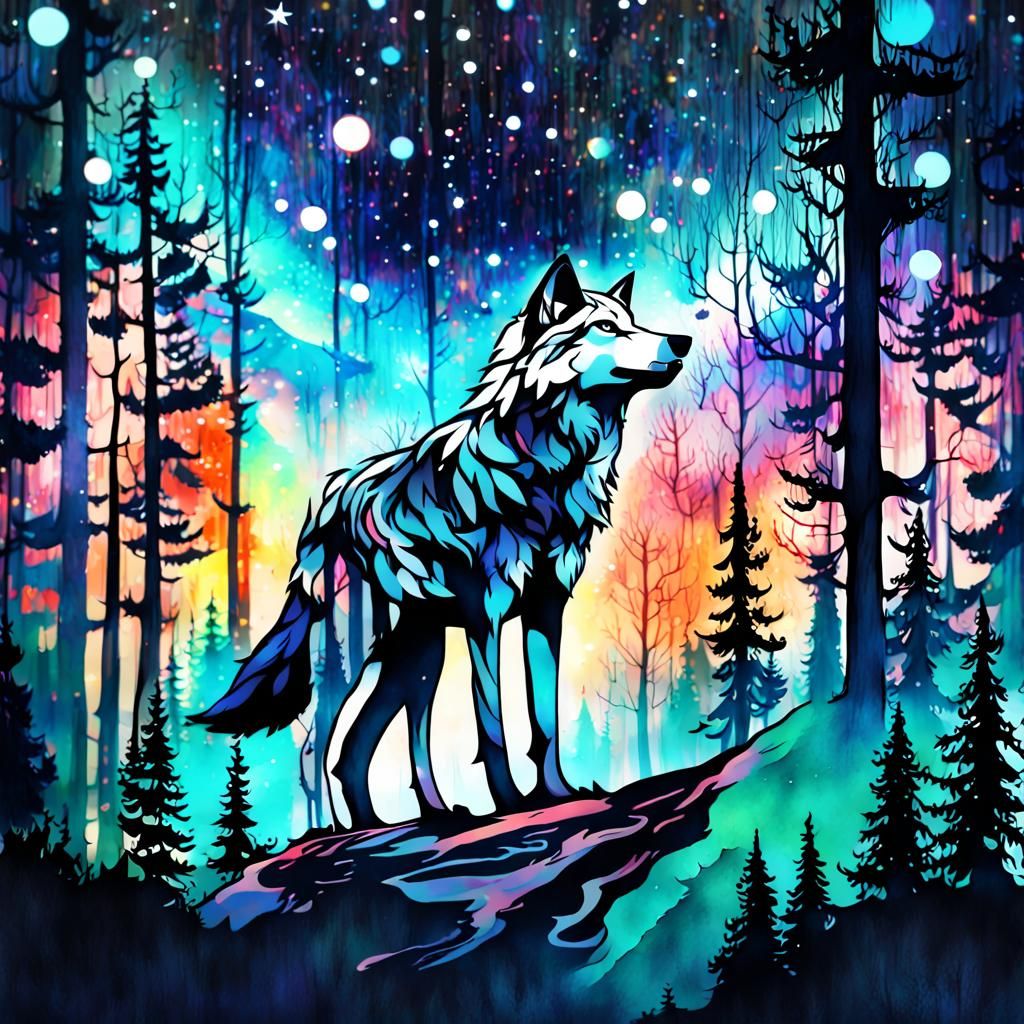 artwork double exposure of a forest galaxy night and a 2D wolf on it