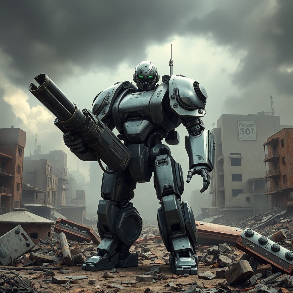 Metallic Robot in Devastated Cityscape