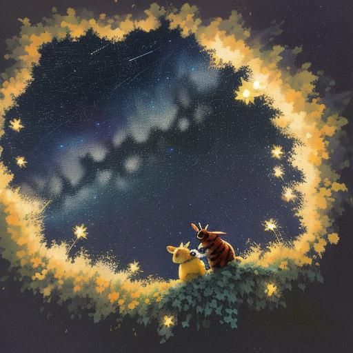 Bunny and Ladybug Under Starry Sky in Gouache Style