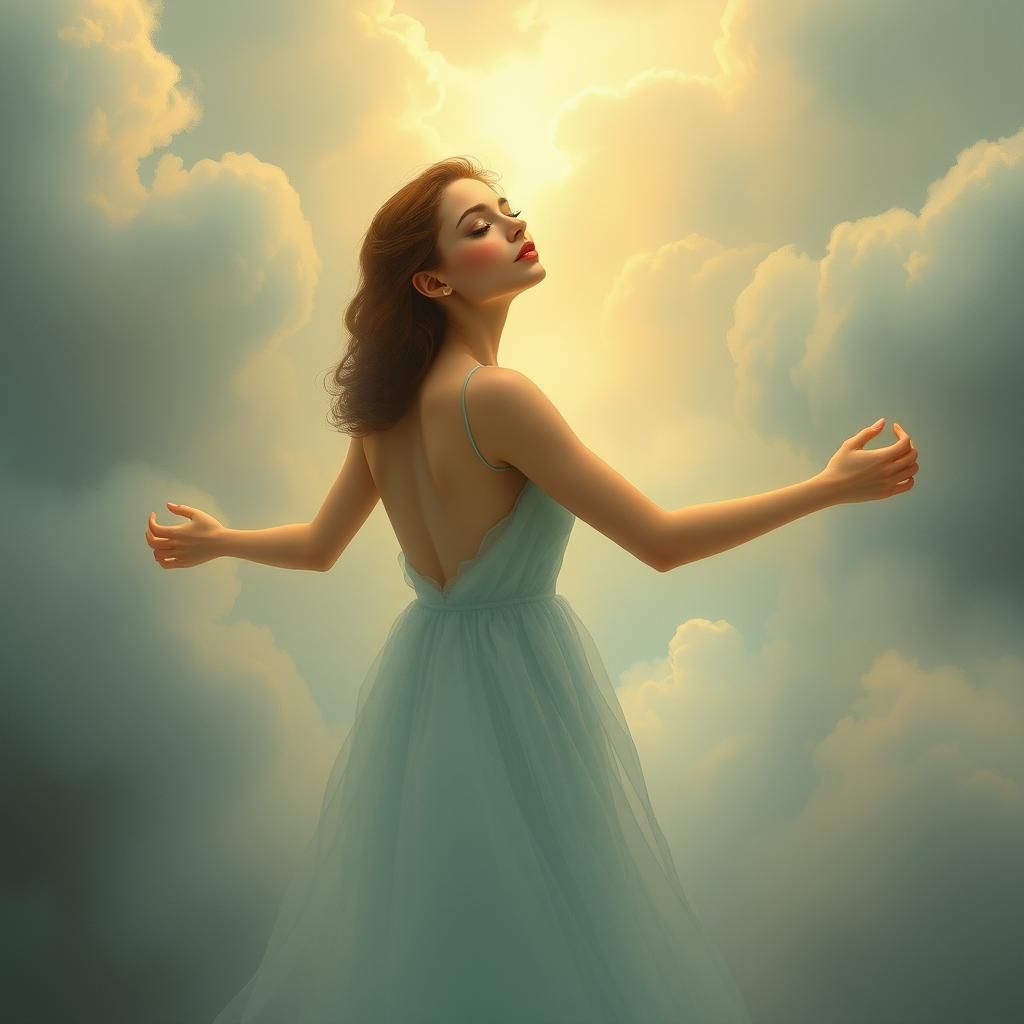 Dreamy Woman Floating in Misty Cloudscape