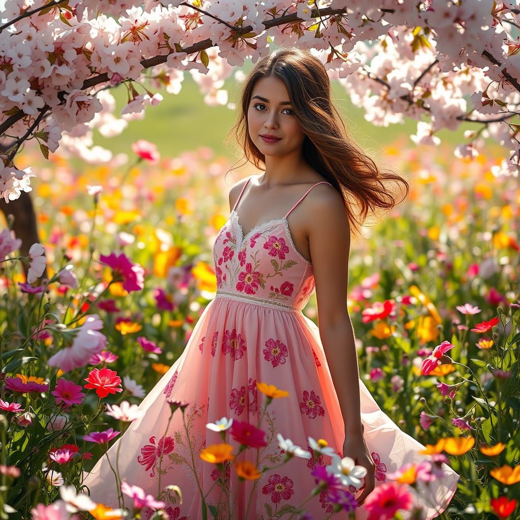 Blossoming Spring Goddess Amidst Vibrant Wildflowers