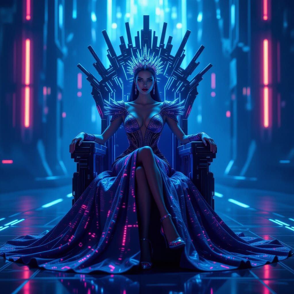 Cyberpunk Empress Seated on Neon Circuit Throne