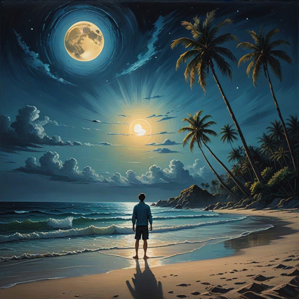 Moonlit Beach Solitude in Surreal Oil Painting Style