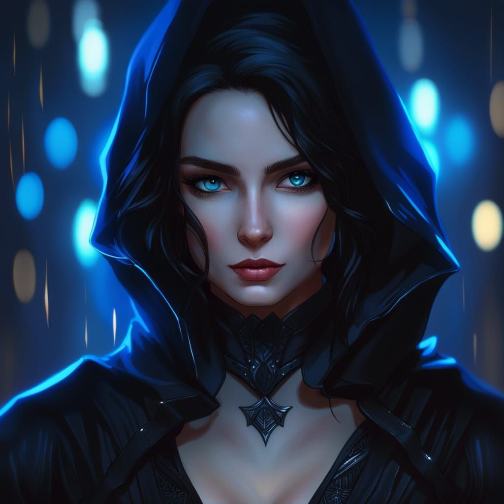 Pale Woman Assassin Portrait with Blue Eyes