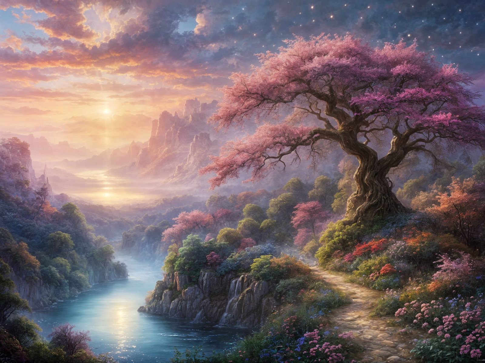 Celestial Wonder Over Shimmering Waterfall