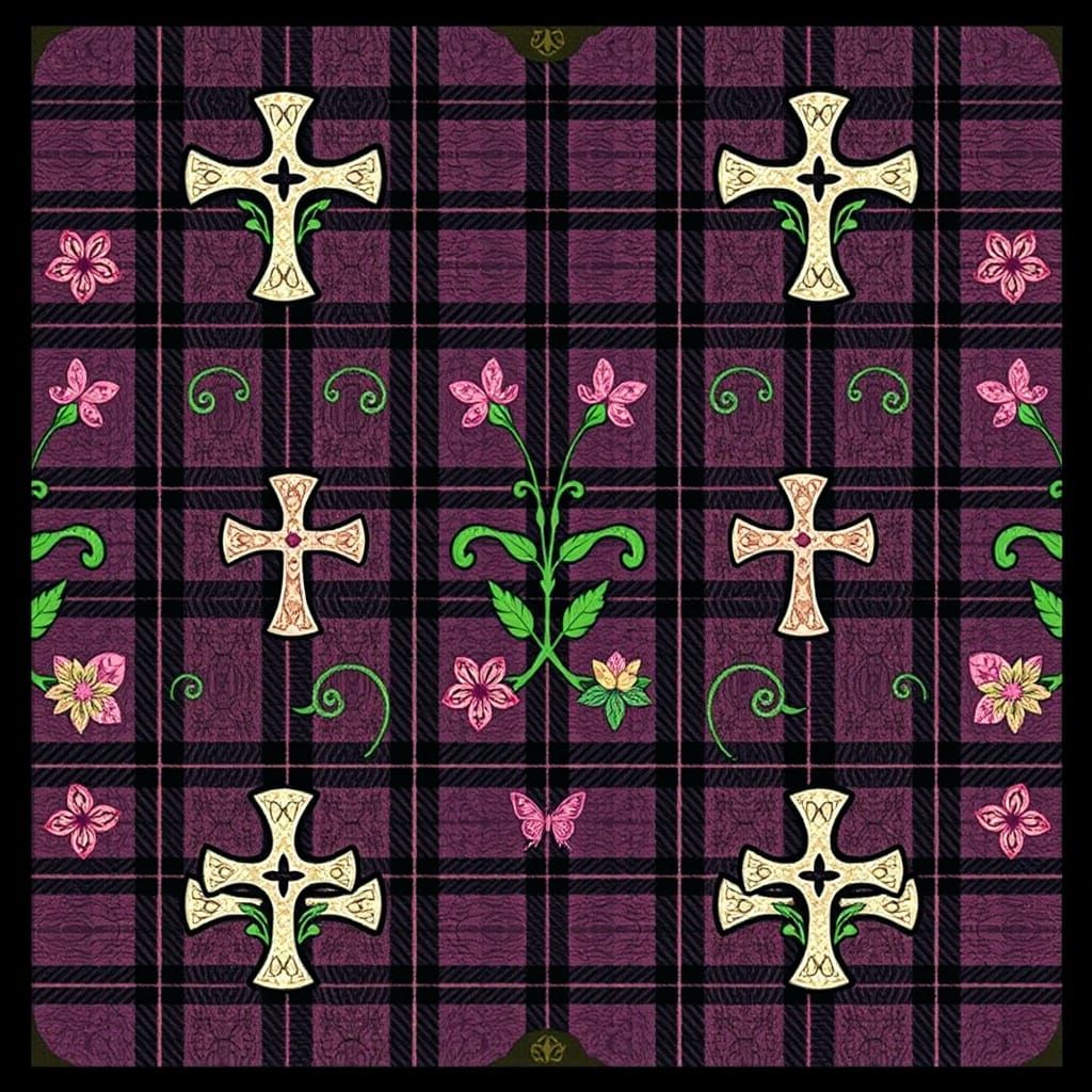 Celtic Priest Tartan in Muted Hues with Celtic Crosses and V...