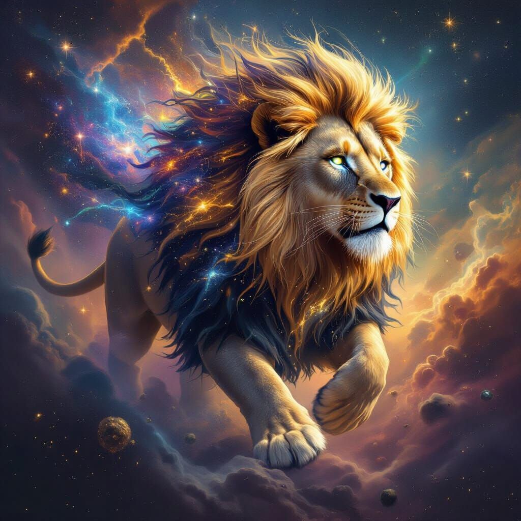 Celestial Lion Prowling Through Nebula in Cosmic Surrealism
