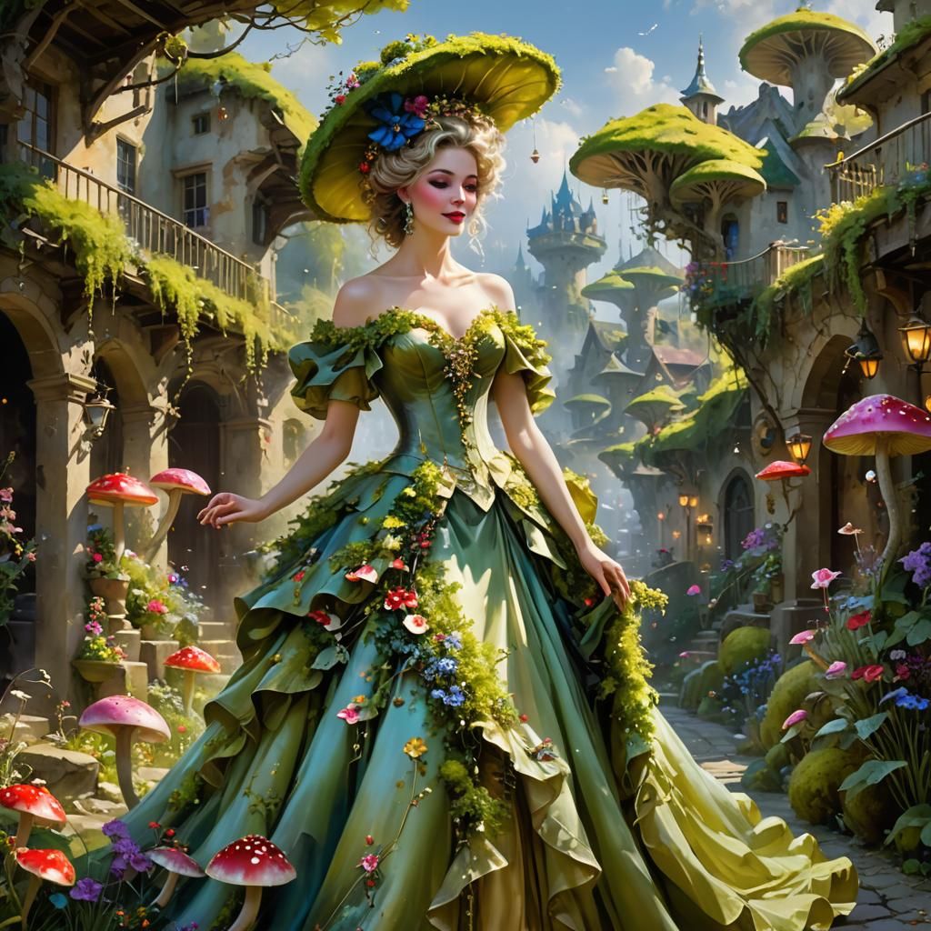 Dreamlike Portrait of Topiary Lady in Whimsical Village