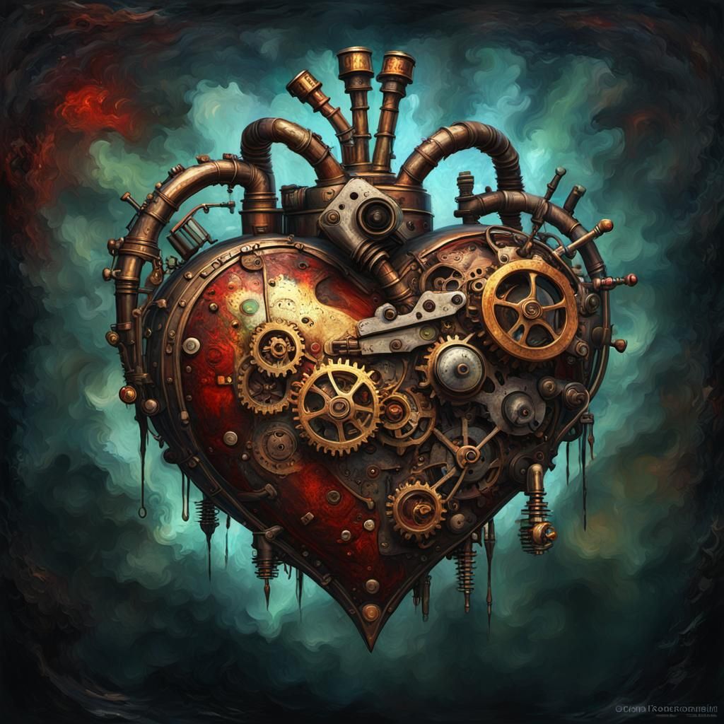 Grotesque Steampunk Heart in Impressionist Style