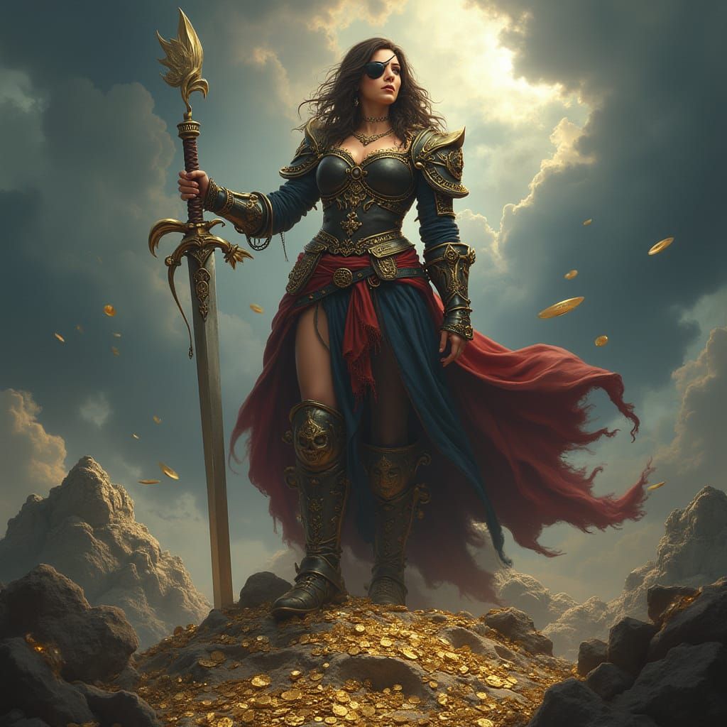 Pirate Woman on Treasure Mountain, Matte Painting Style