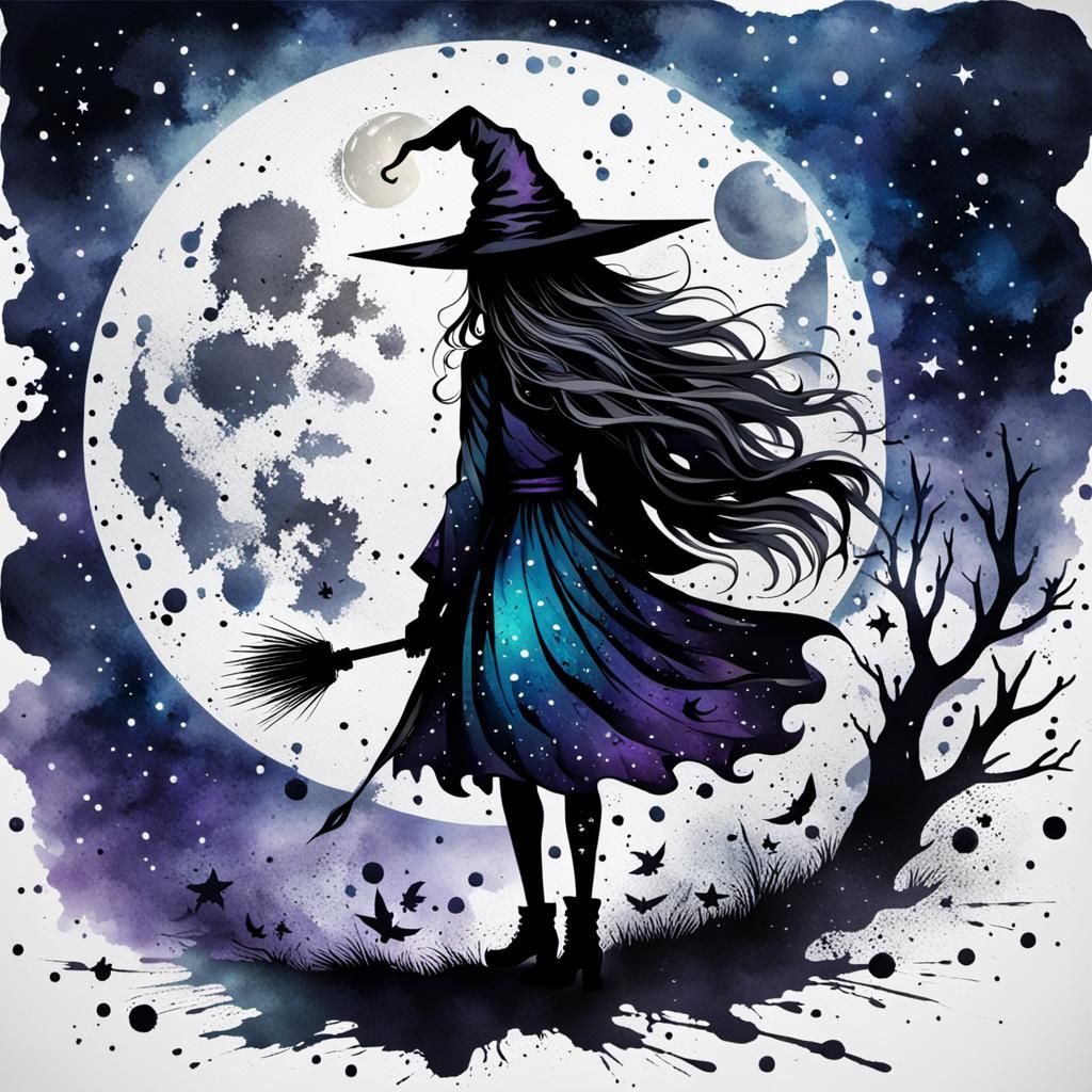 Ink Splatter Witch Under a Full Moon
